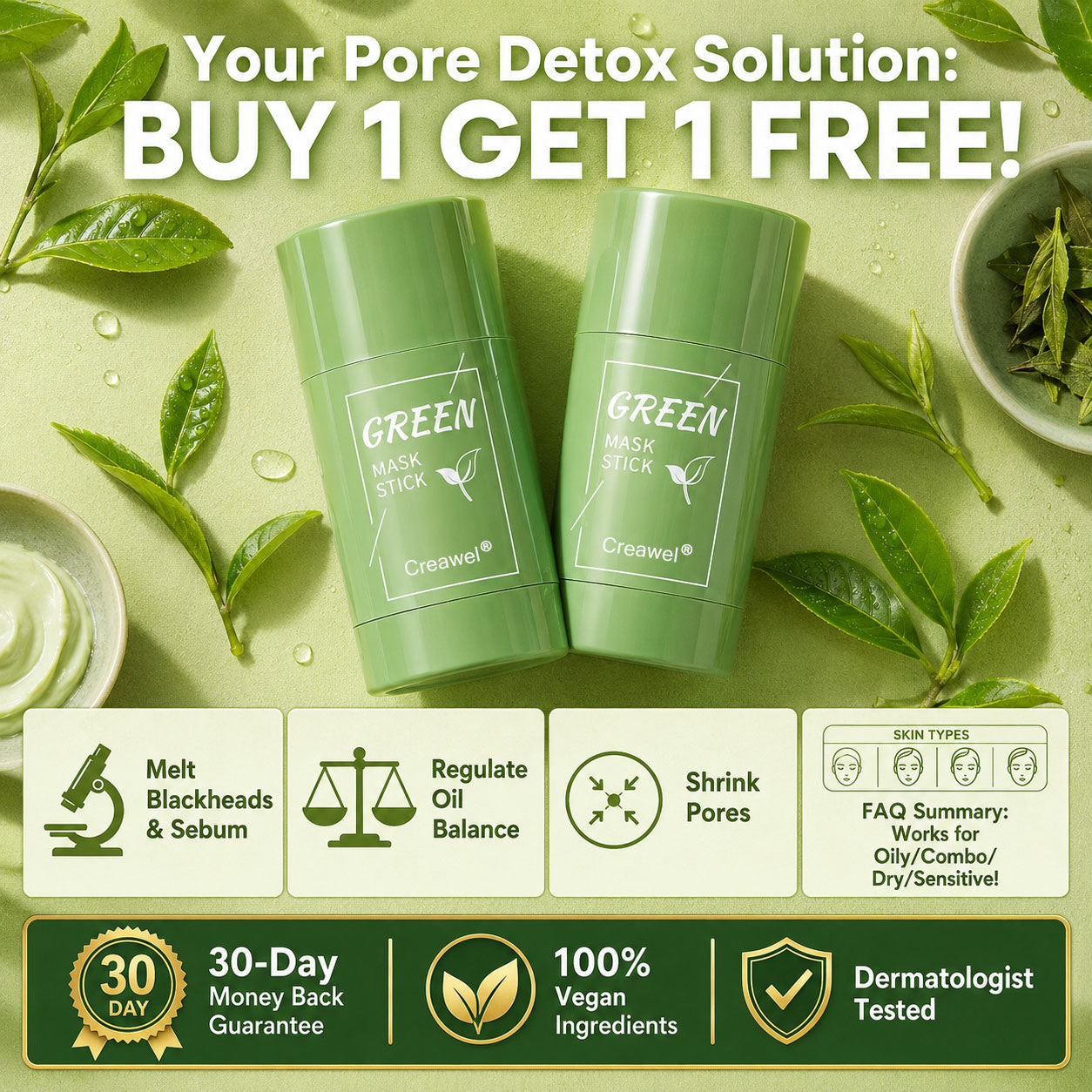 Creawel ®Clear Pores in 10 Minutes! The No-Mess Green Tea Stick for Flawless, Oil-Free Skin.