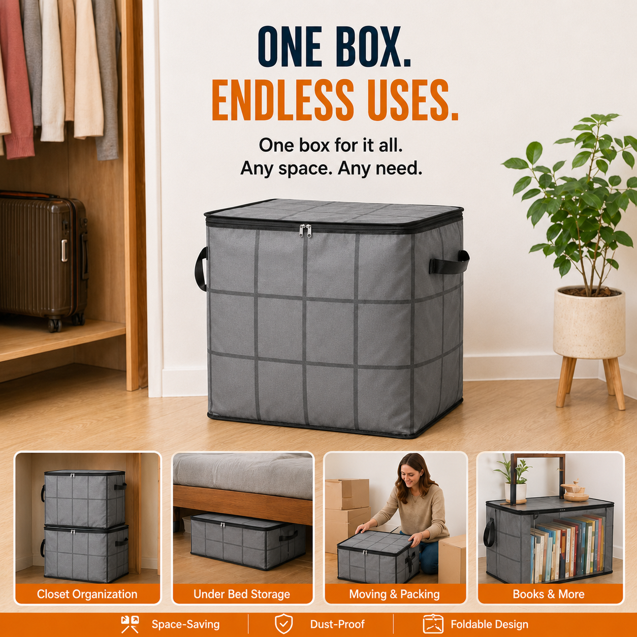 Spacious Moving Storage Bin, Zippered Organizer for Quilts, Bedding & Sweaters, Large Capacity Fabric Bag for Moving Day, Closet & Bedroom Use