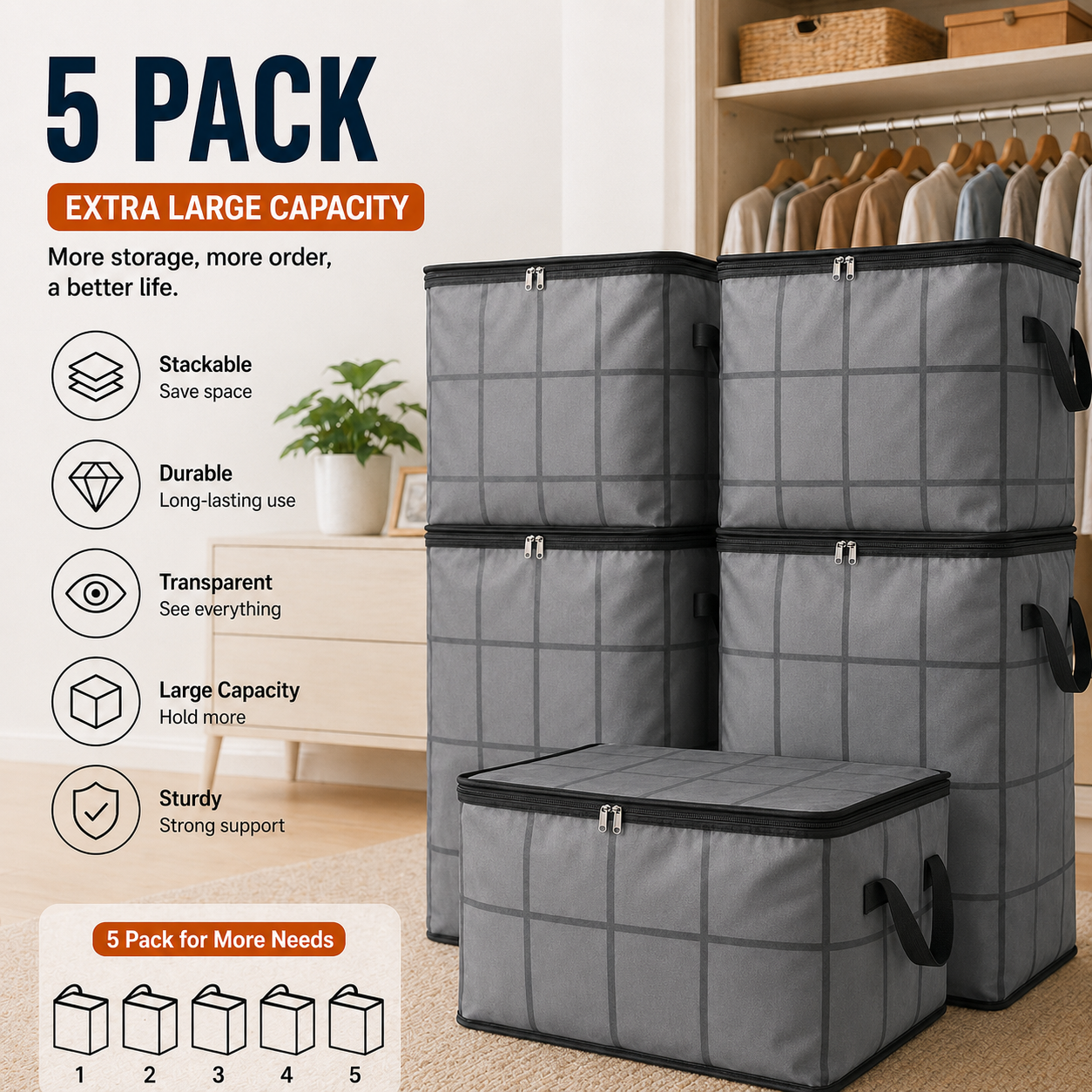Spacious Moving Storage Bin, Zippered Organizer for Quilts, Bedding & Sweaters, Large Capacity Fabric Bag for Moving Day, Closet & Bedroom Use