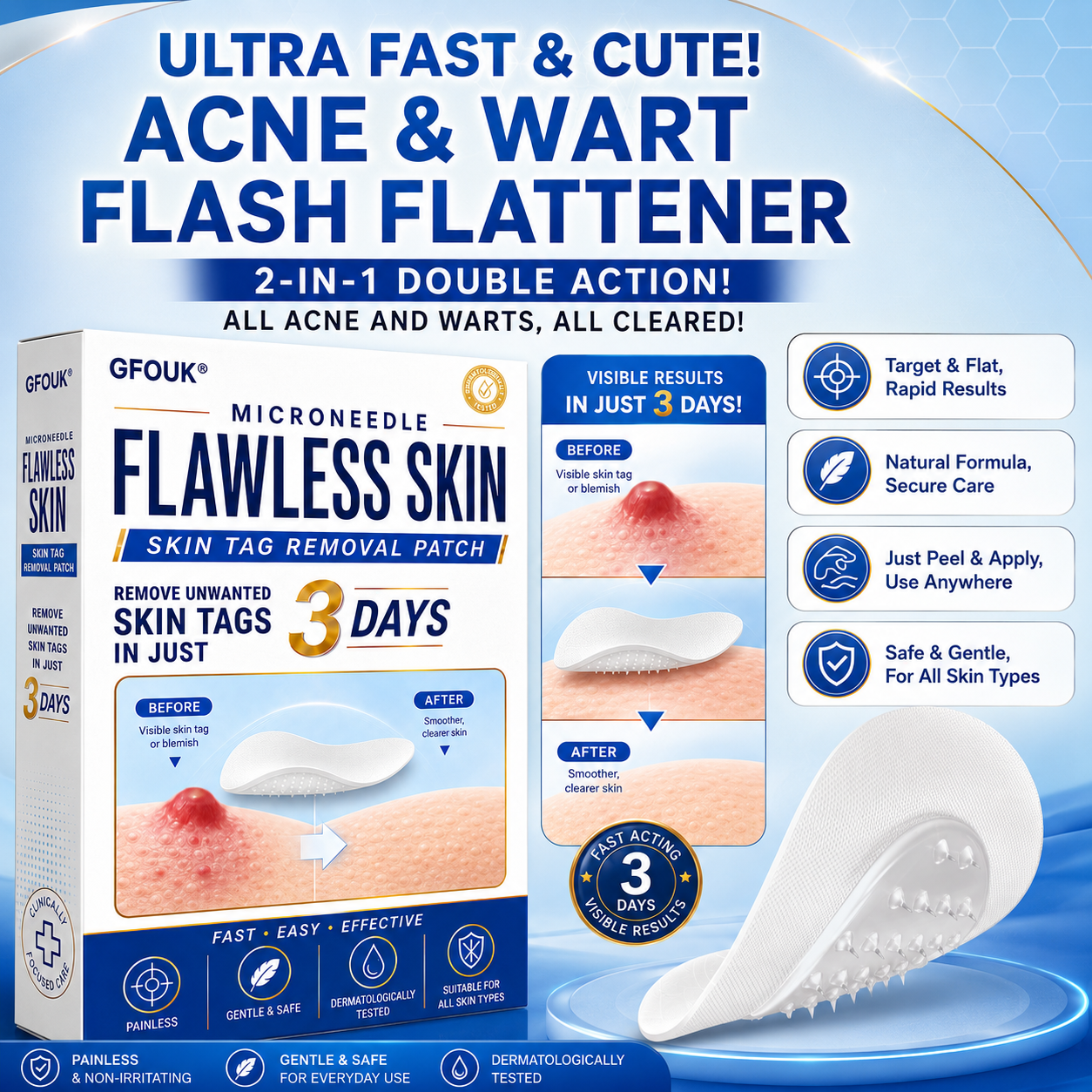 💫GFOUK® 2026 Newly Upgraded 2-in-1 Microneedle Hydrocolloid Patches | Removes Raised Moles, Acne, Flat Warts, and Skin Tags | Improves Wrinkles, Scars, and Blemishes | Invisible Acne Patches for Face & Body
