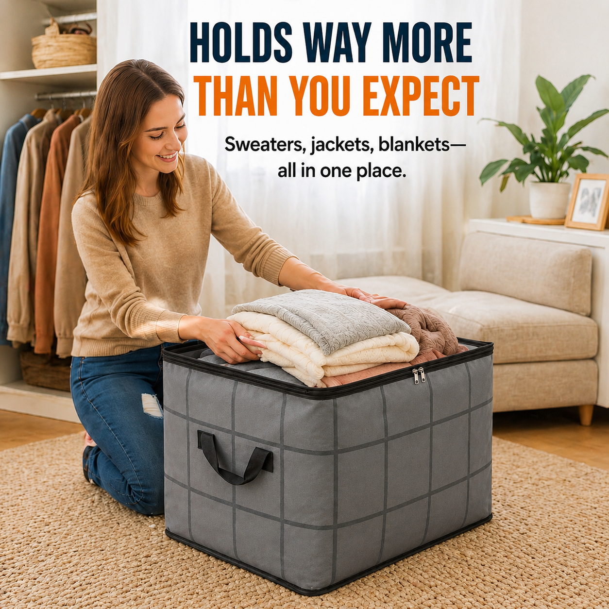 Spacious Moving Storage Bin, Zippered Organizer for Quilts, Bedding & Sweaters, Large Capacity Fabric Bag for Moving Day, Closet & Bedroom Use