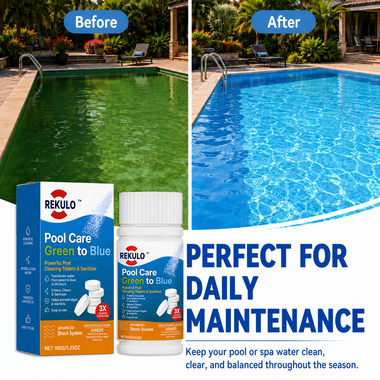 🏆 Official Store | REKULO™ Pool Care Green to Blue
