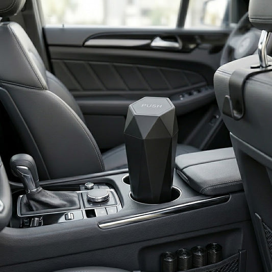 Korakuna Premium Geometric Car Trash Bin - Sleek Press-Top Automotive Garbage Can - Compact Luxury Car Organizer & Waste Basket with Mounting Hooks and Custom Liners - Matte Black