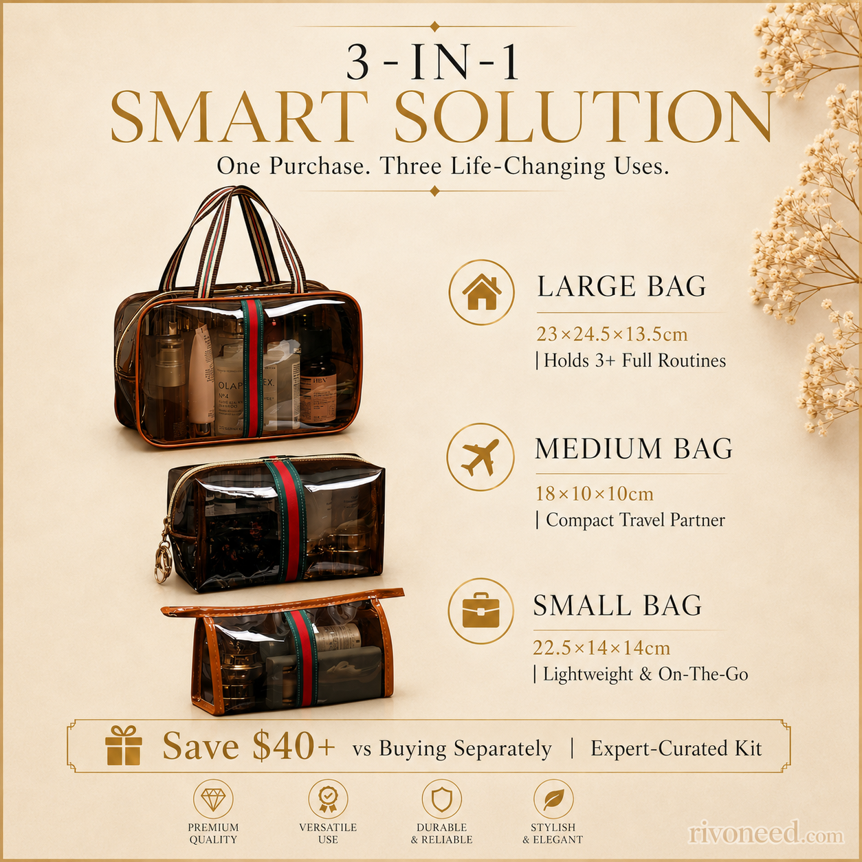 3PCS New Retro Vintage Vanity Bag, Large Capacity Makeup Organizer for Women, Ladies Travle Storage Case, Waterproof Transparent Toiletry Bag, Portable Skincare Storage Case